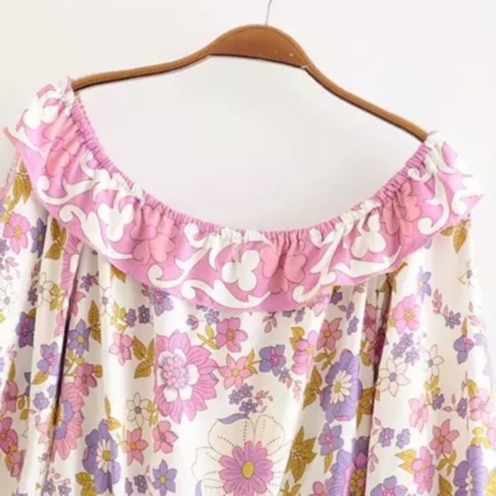 Waverly Boho Pink Floral Print Off Shoulder Crop top Maxi Skirt Set - Picture 6 of 16